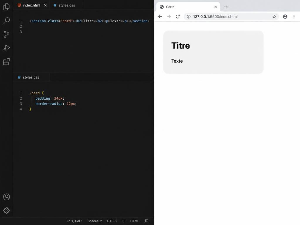 Éditeur de code affiché à côté du rendu de la page dans un navigateur