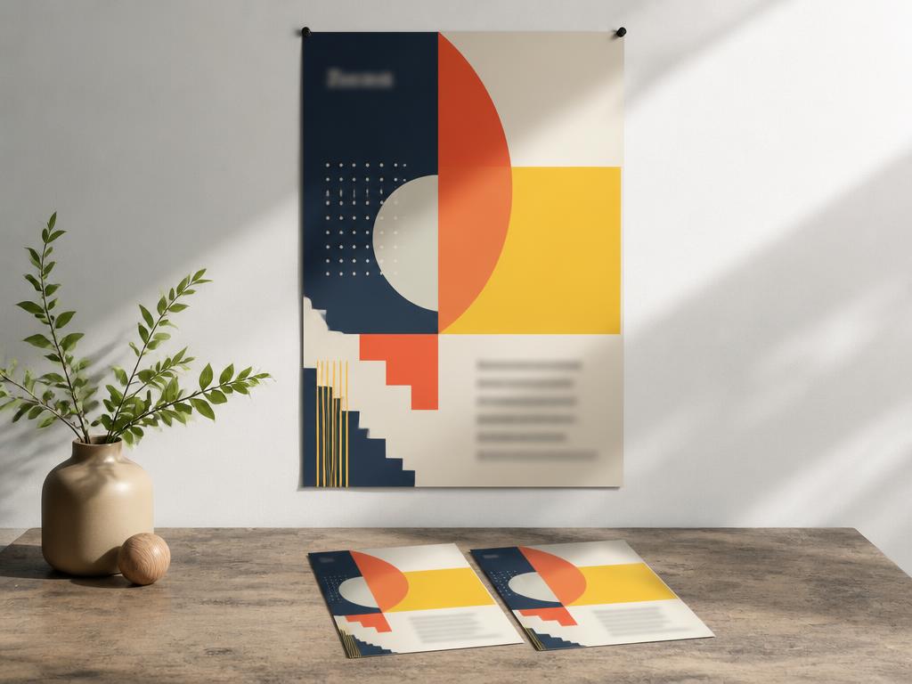 Affiche graphique accrochée au mur et flyers assortis posés sur un bureau