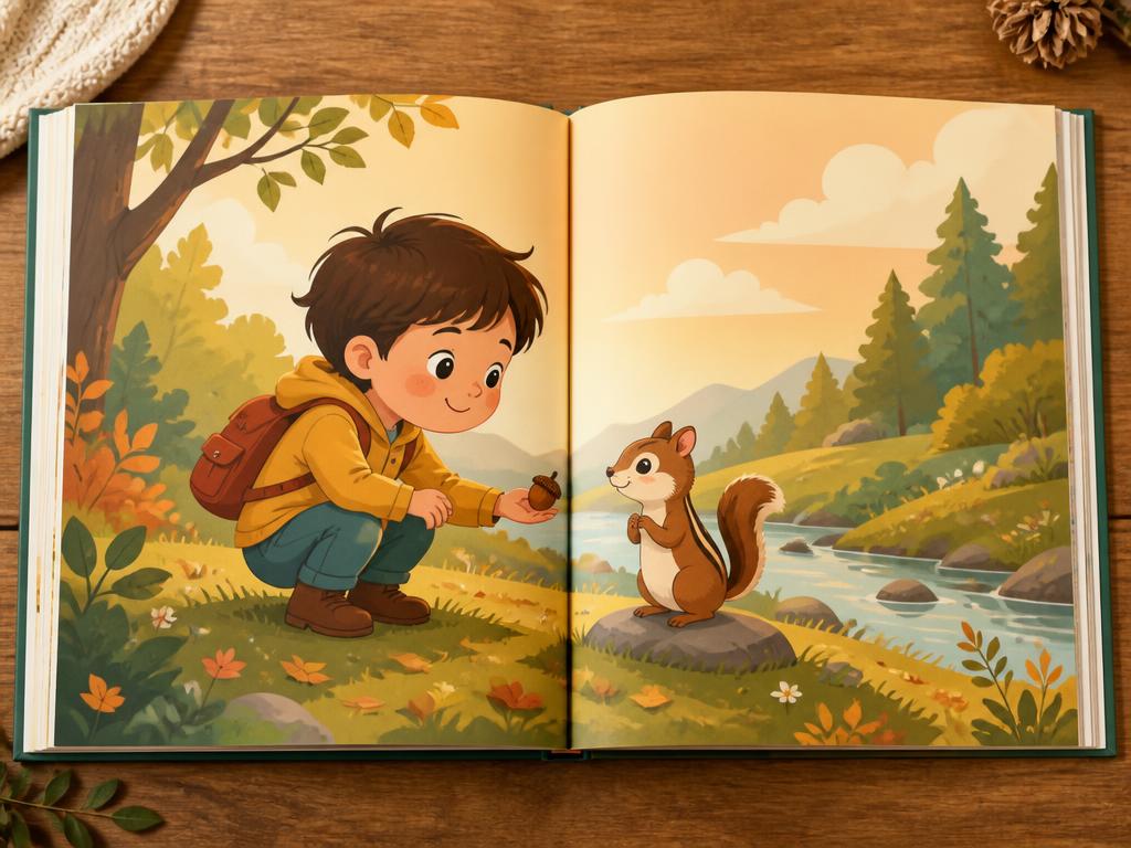 Livre jeunesse ouvert sur une illustration vectorielle chaleureuse