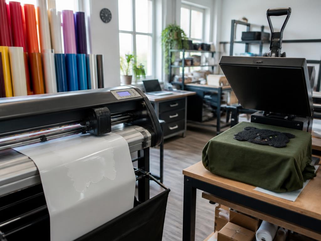 Atelier d'impression avec table de découpe vinyle et presse à chaud pour flocage textile