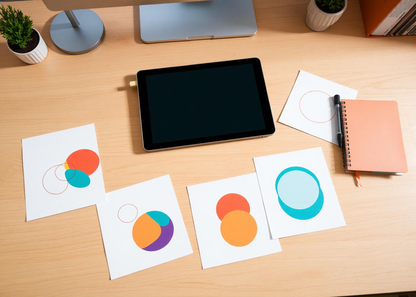 Bureau créatif avec une tablette graphique et des impressions de formes vectorielles colorées