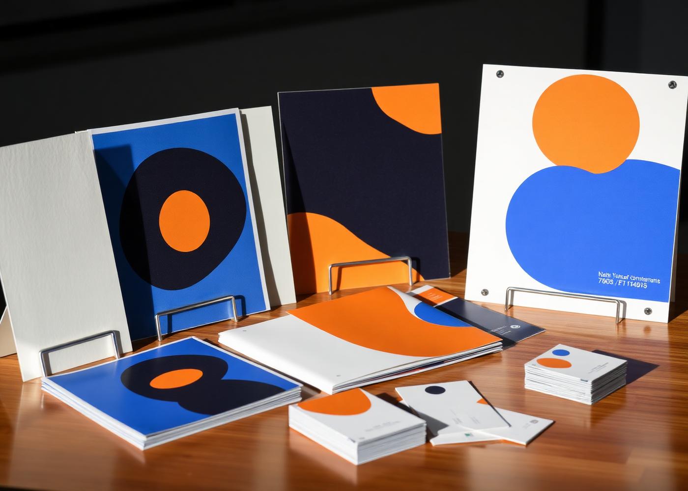 Flyers, affiche et dépliants imprimés aux couleurs sobres posés sur une table