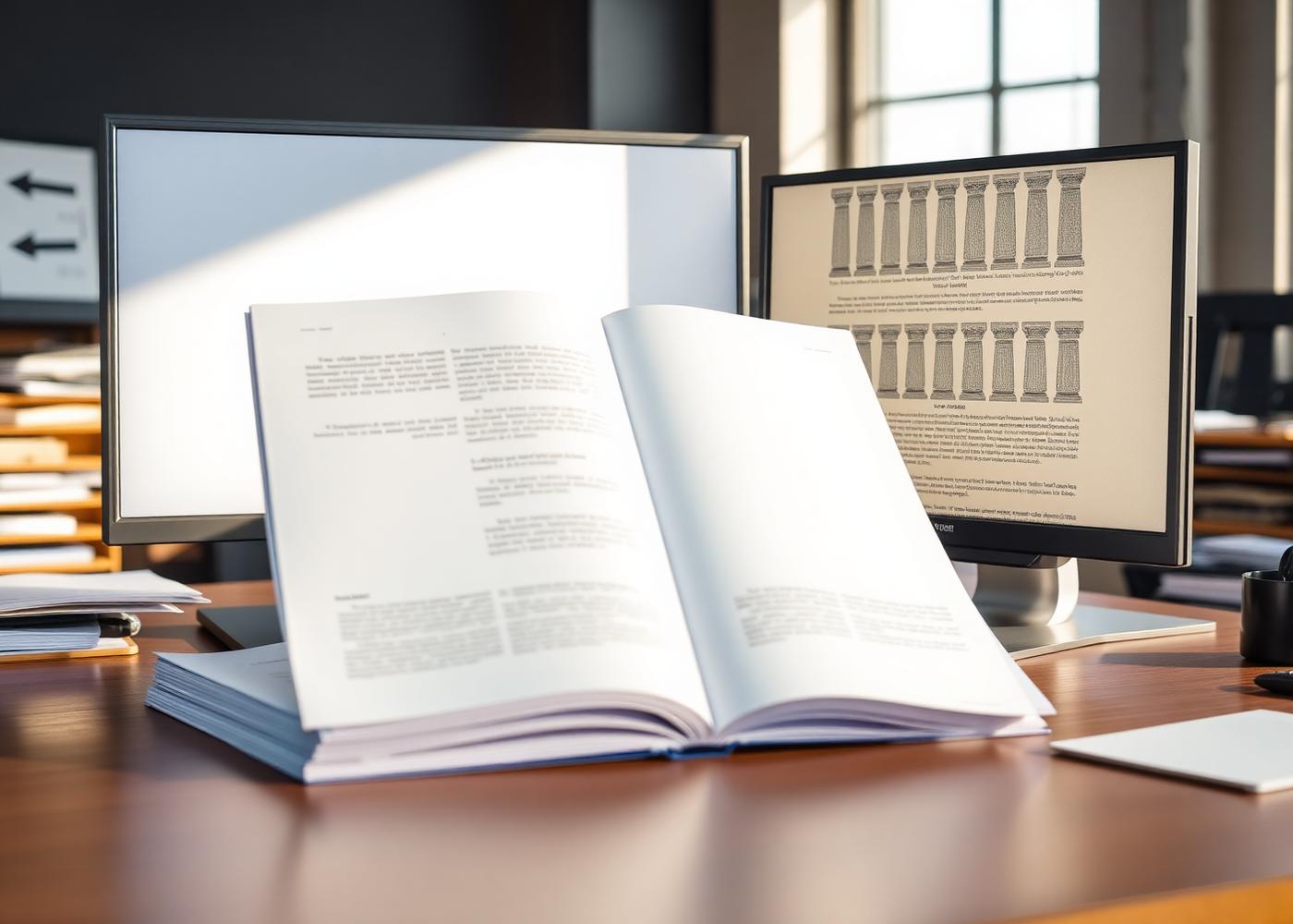 Documents imprimés en double page posés sur un bureau devant un écran affichant une grille de mise en page