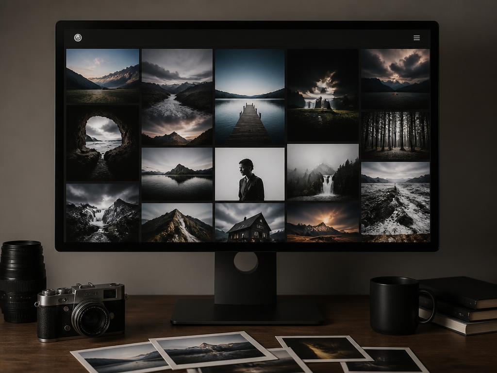 Portfolio de photographe affiché en galerie sur un écran
